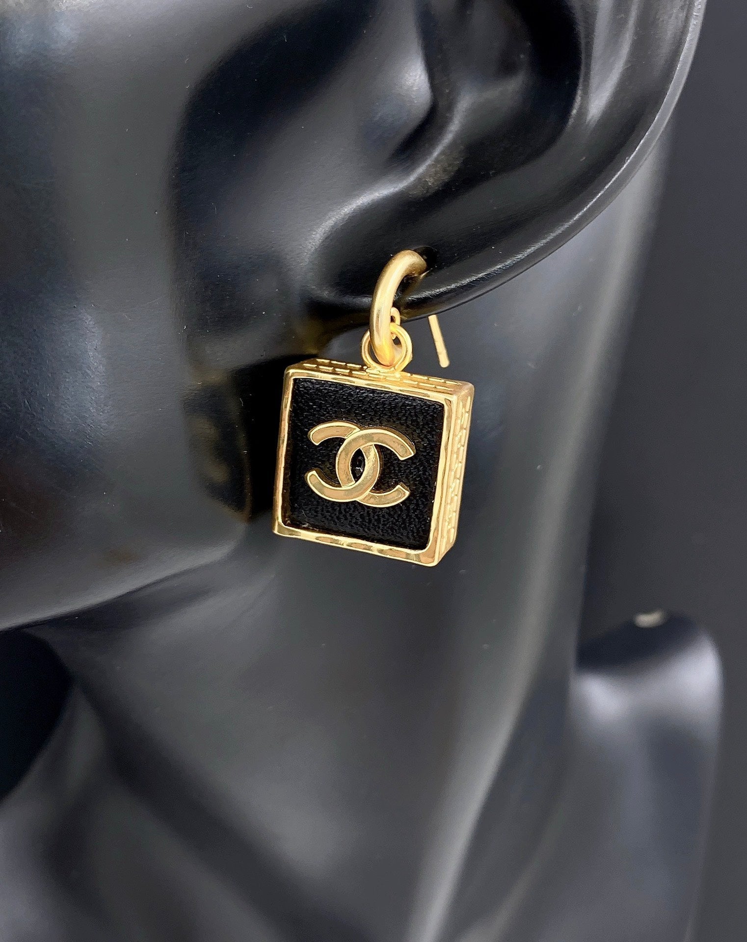 18K  Chanel Black Bag Pendant Earrings