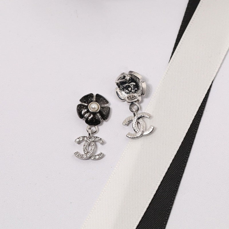 18K  Chanel Black & Pink Camellia Diamond Earrings