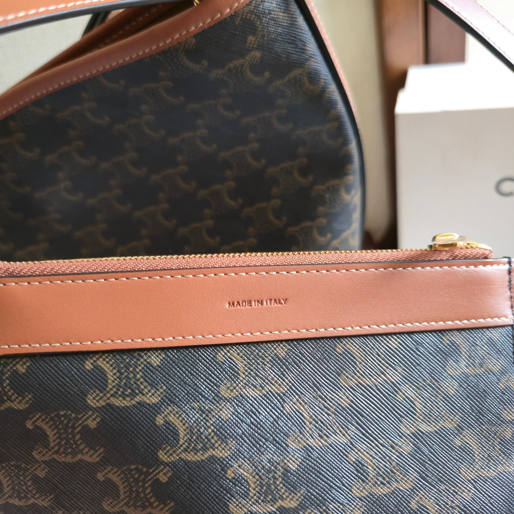 CELINE 25S SOFT SHOPPER BAG 32 IN BLACK TRIOMPHE CANVAS AND BROWN CALFSKIN