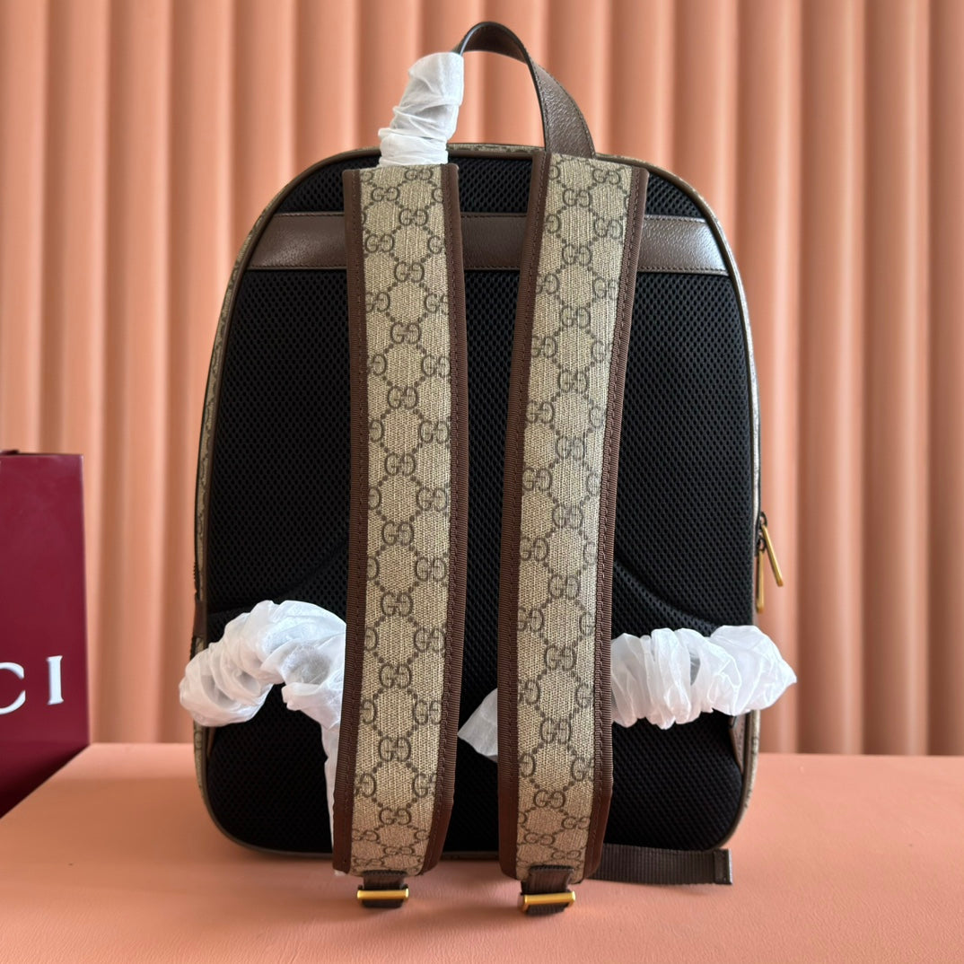GUCCI 25S OPHIDIA BACKPACK 40 IN BEIGE CANVAS AND BROWN CALFSKIN
