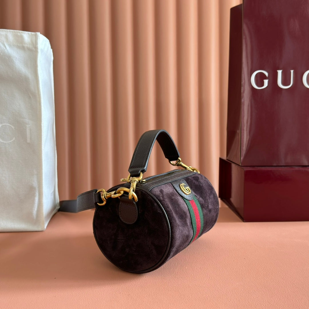 GUCCI 25S OPHIDIA MINI SHOULDER BAG 19 CM IN DARK CHOCOLATE BROWN SUEDE